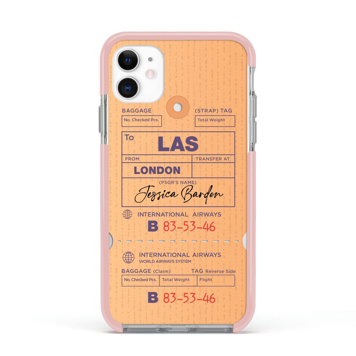 Personalised Luggage Tag Apple iPhone 11 in White with Pink Impact Case