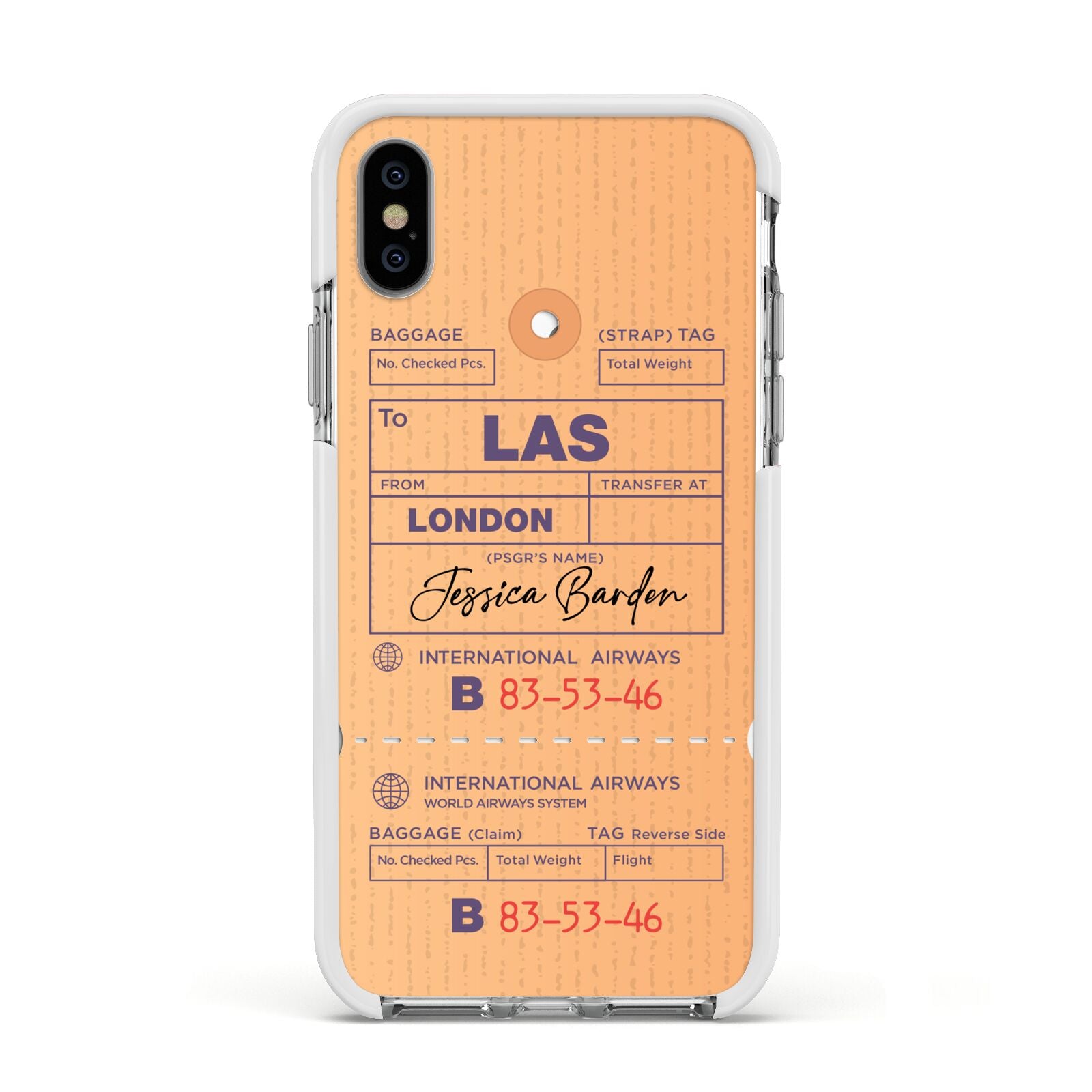 Personalised Luggage Tag Apple iPhone Xs Impact Case White Edge on Silver Phone