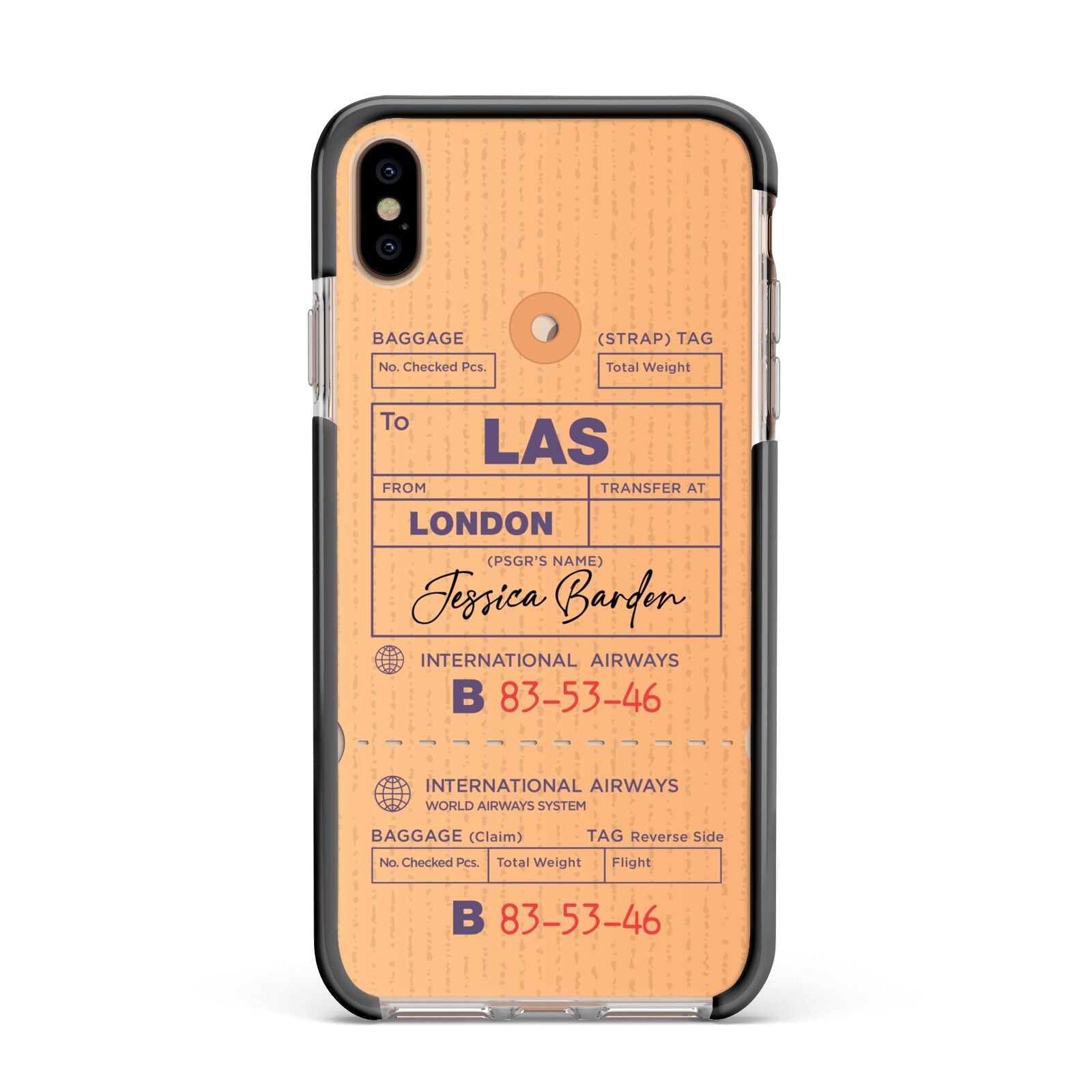 Personalised Luggage Tag Apple iPhone Xs Max Impact Case Black Edge on Gold Phone