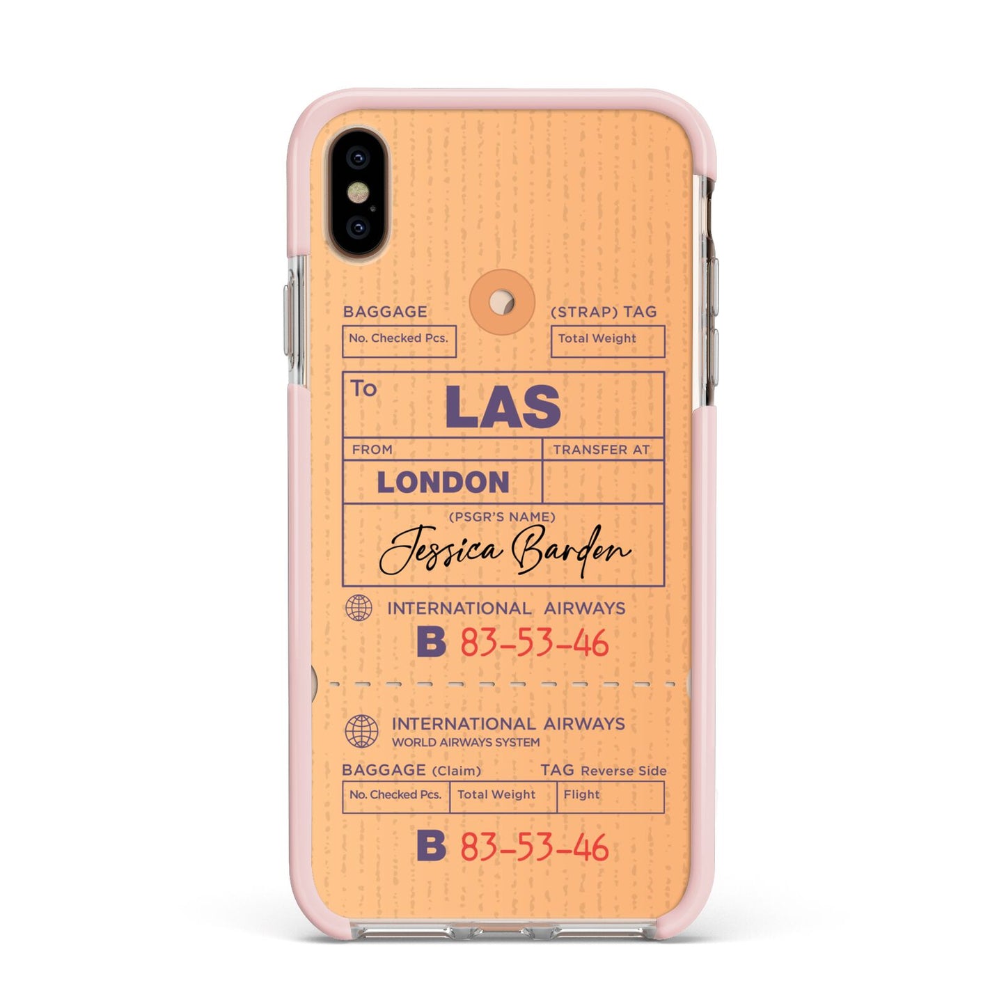 Personalised Luggage Tag Apple iPhone Xs Max Impact Case Pink Edge on Gold Phone