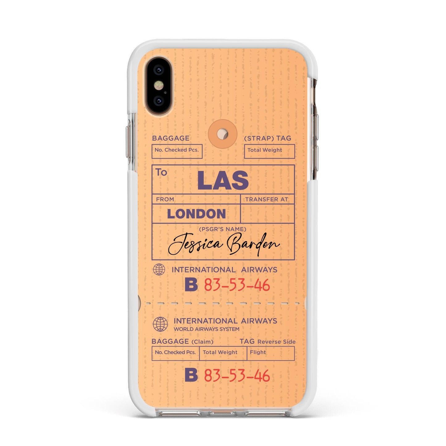 Personalised Luggage Tag Apple iPhone Xs Max Impact Case White Edge on Gold Phone