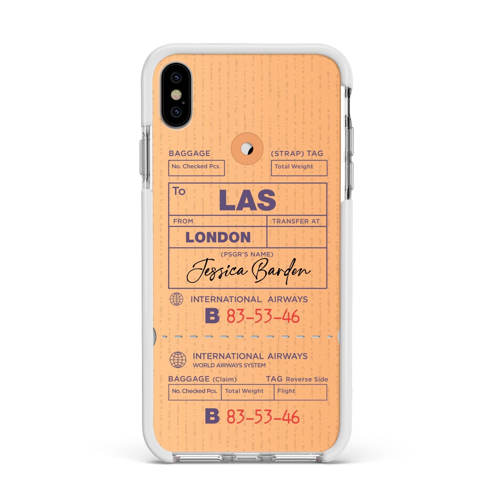 Personalised Luggage Tag Apple iPhone Xs Max Impact Case White Edge on Silver Phone
