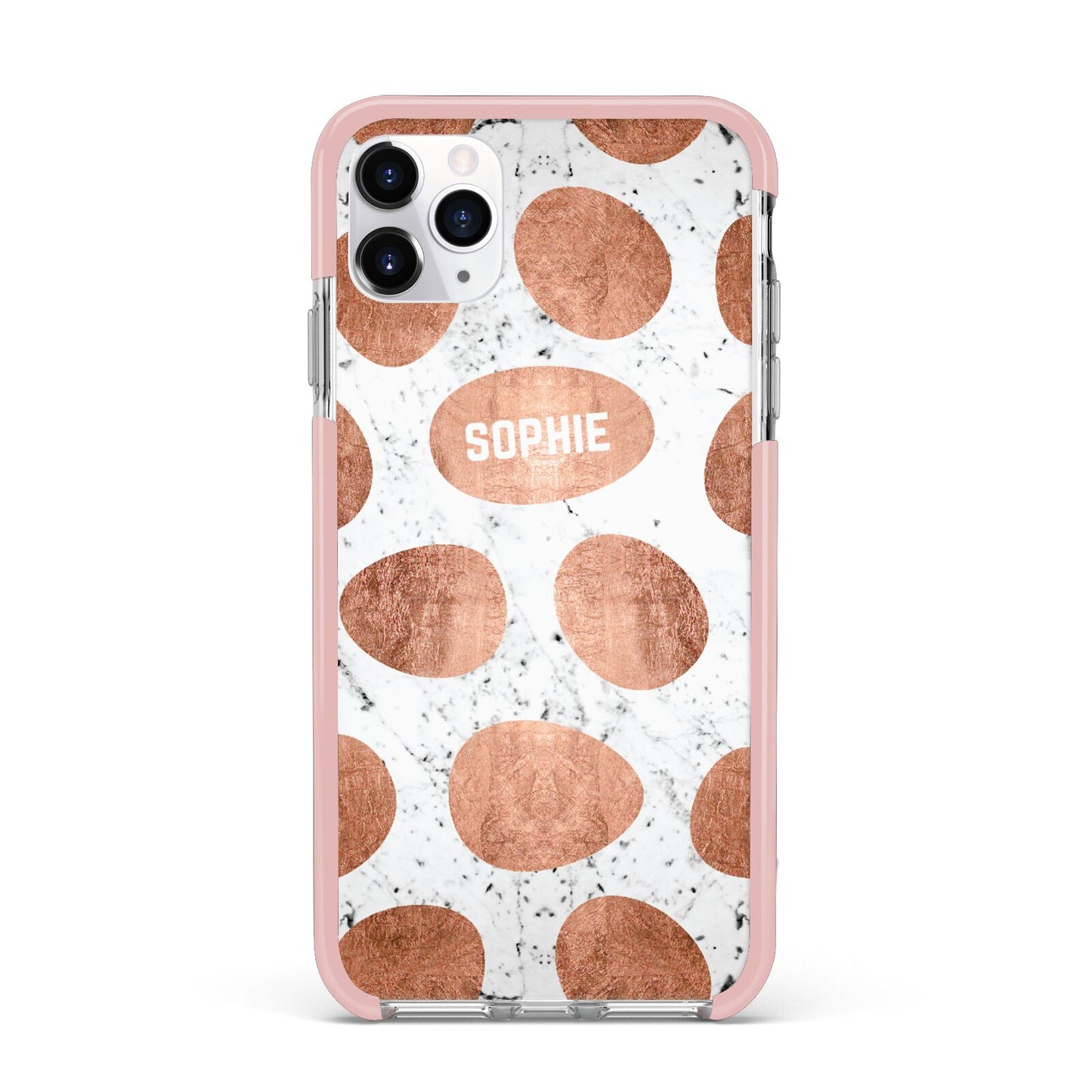 Personalised Marble Name Initials Rose Gold Dots iPhone 11 Pro Max Impact Pink Edge Case