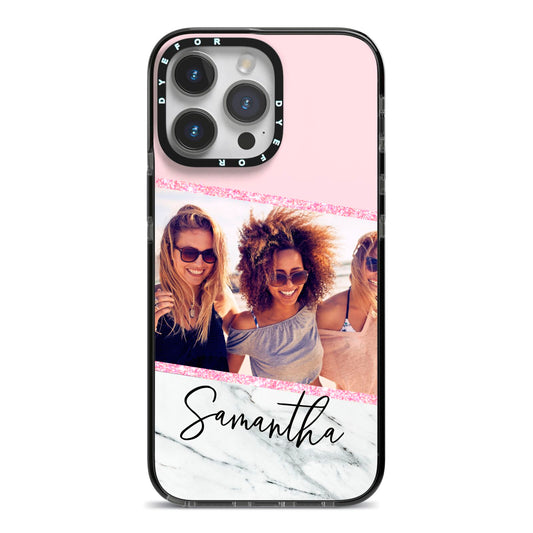 Personalised Marble Photo Name iPhone 14 Pro Max Black Impact Case on Silver phone