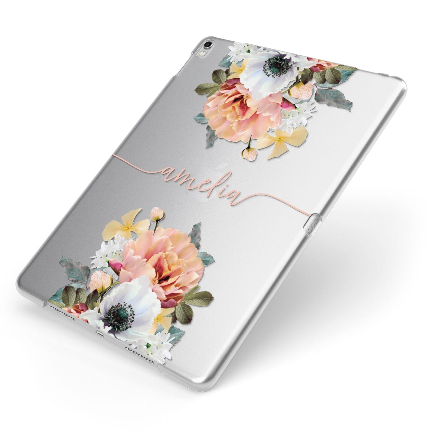 Personalised Name Clear Floral Apple iPad Case on Silver iPad Side View