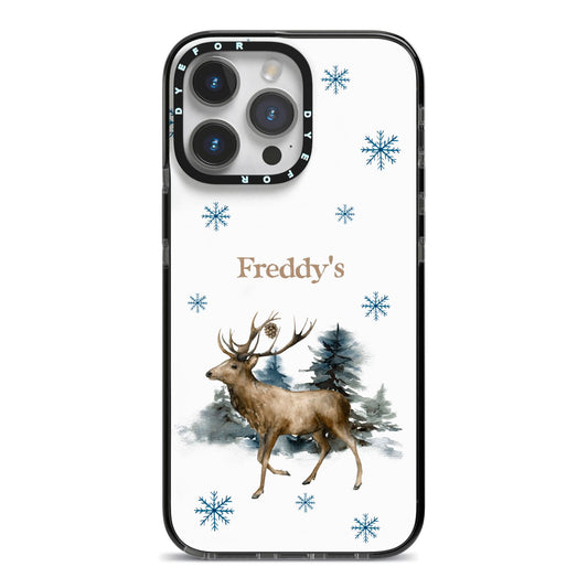 Personalised Name Reindeer iPhone 14 Pro Max Black Impact Case on Silver phone
