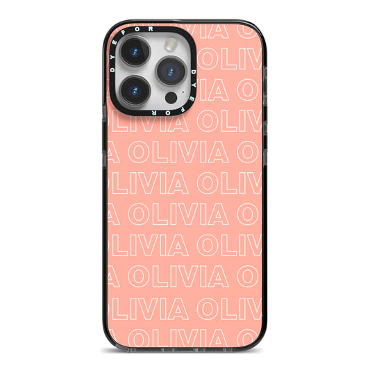 Personalised Peach Name iPhone 14 Pro Max Black Impact Case on Silver phone
