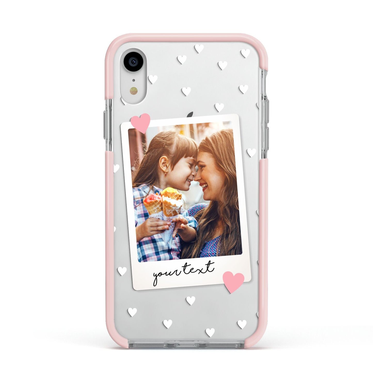 Personalised Photo Love Hearts Apple iPhone XR Impact Case Pink Edge on Silver Phone