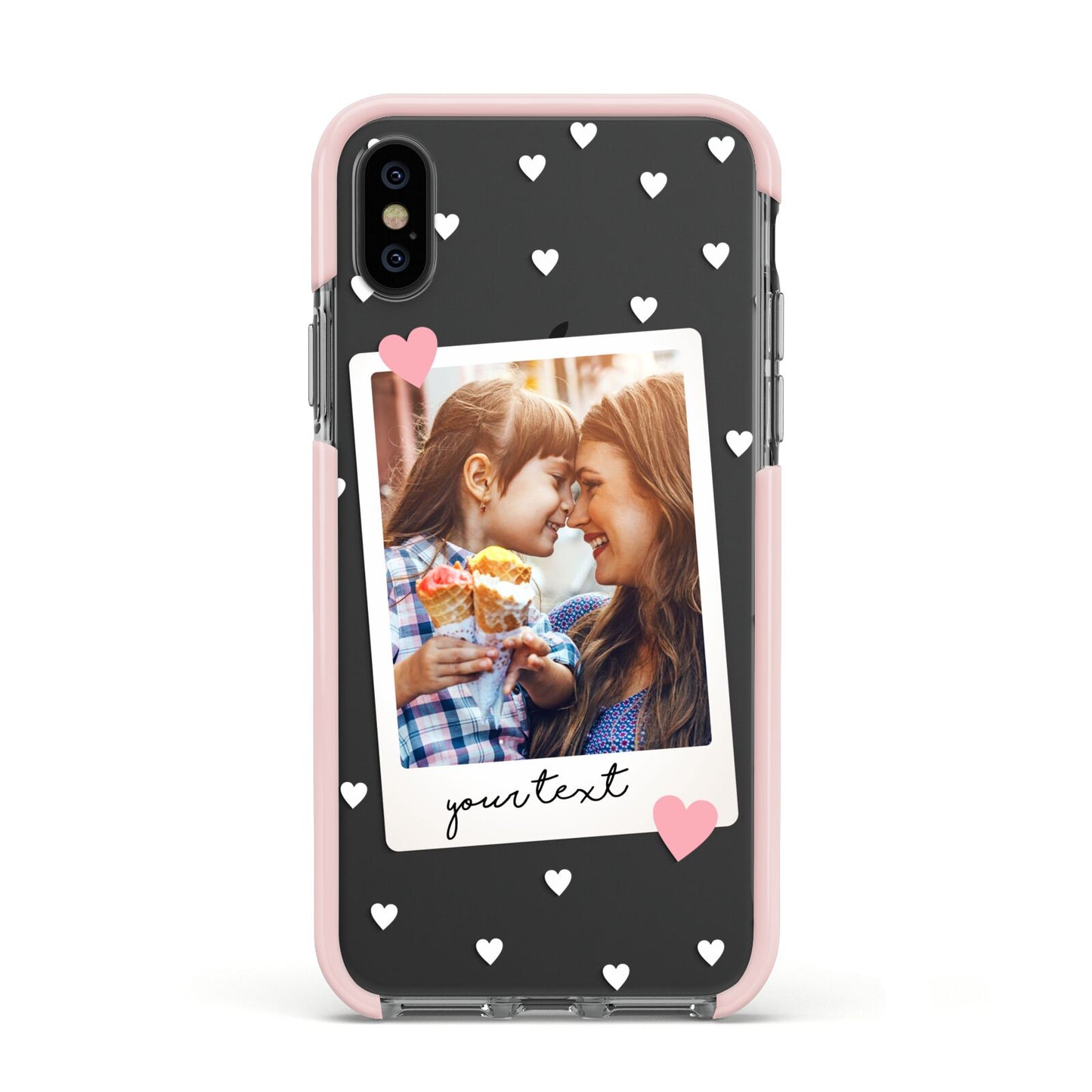 Personalised Photo Love Hearts Apple iPhone Xs Impact Case Pink Edge on Black Phone