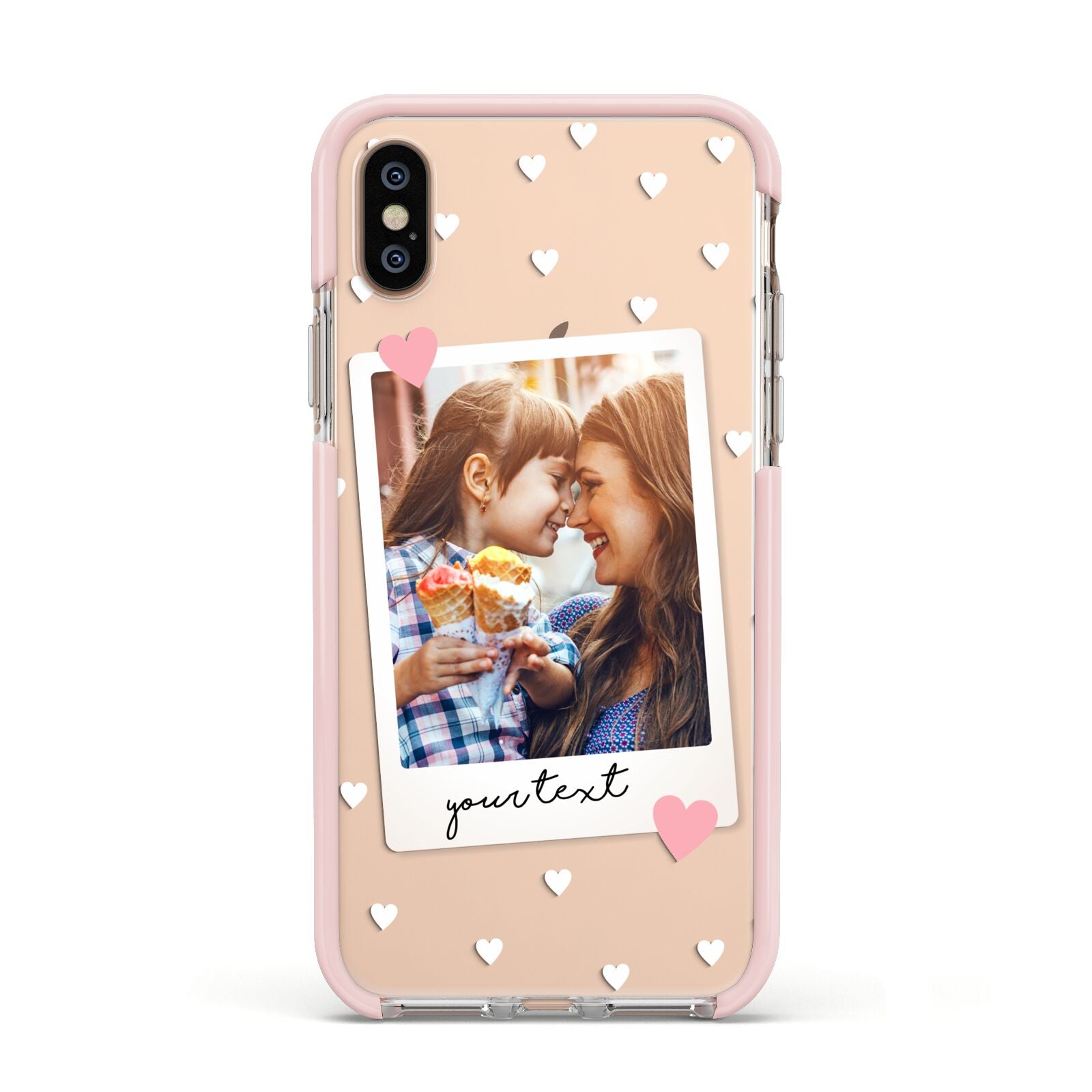 Personalised Photo Love Hearts Apple iPhone Xs Impact Case Pink Edge on Gold Phone