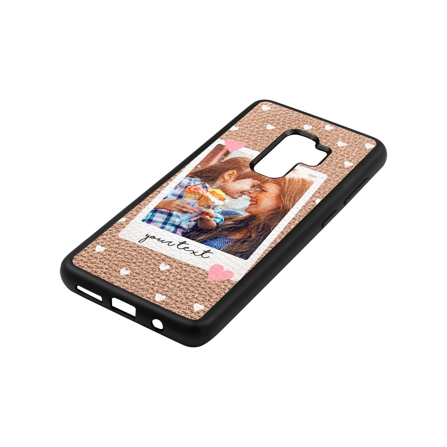 Personalised Photo Love Hearts Rose Gold Pebble Leather Samsung S9 Plus Case Side Angle