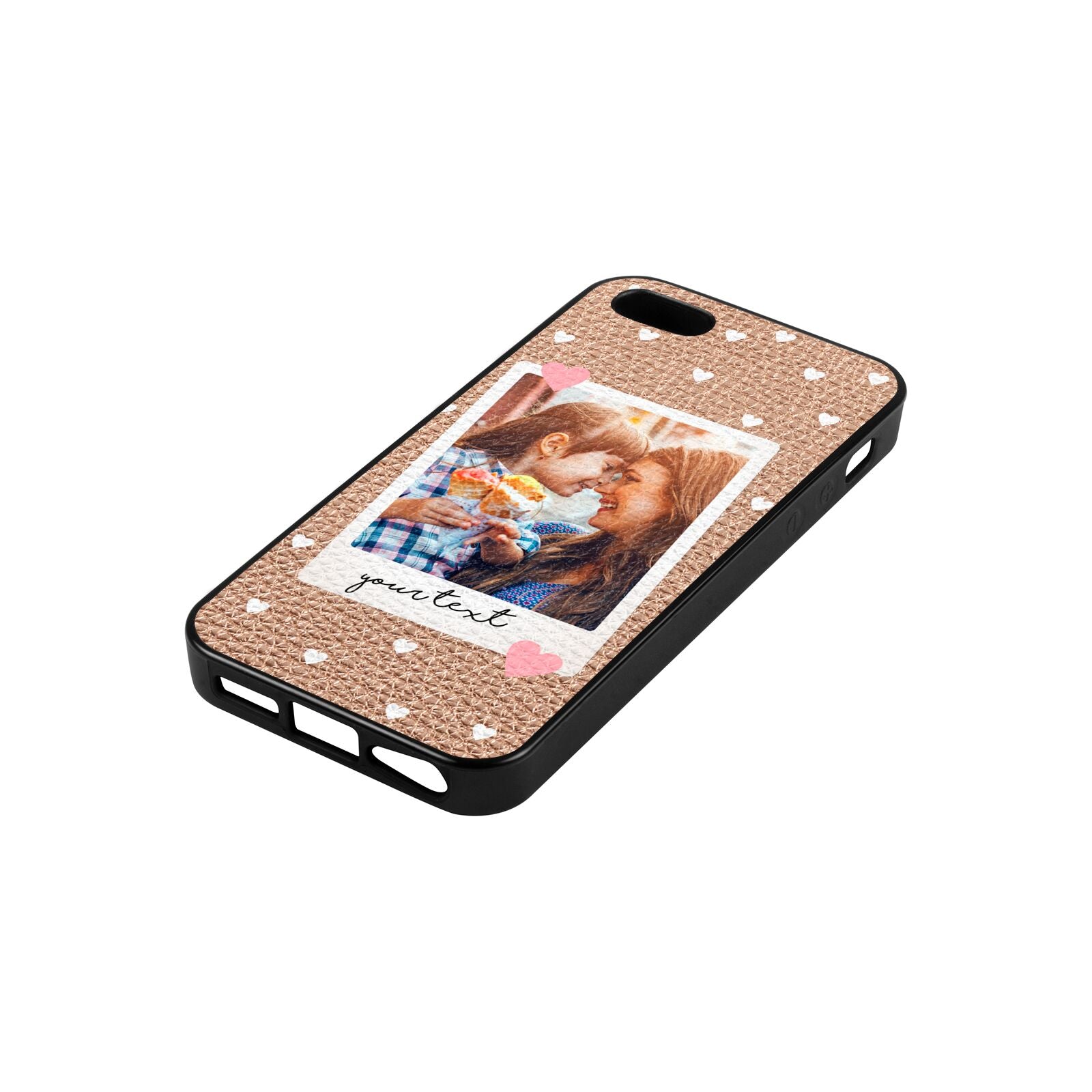 Personalised Photo Love Hearts Rose Gold Pebble Leather iPhone 5 Case Side Angle