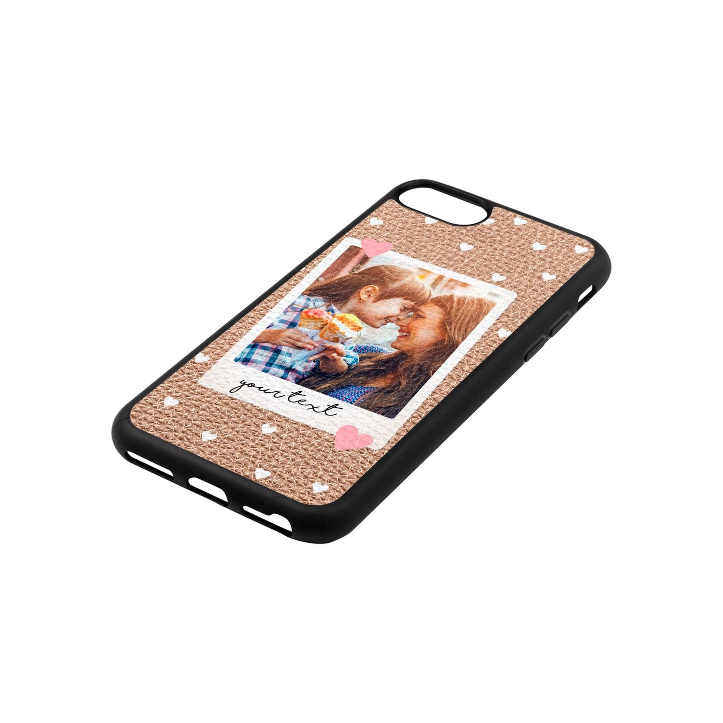 Personalised Photo Love Hearts Rose Gold Pebble Leather iPhone 8 Case Side Angle