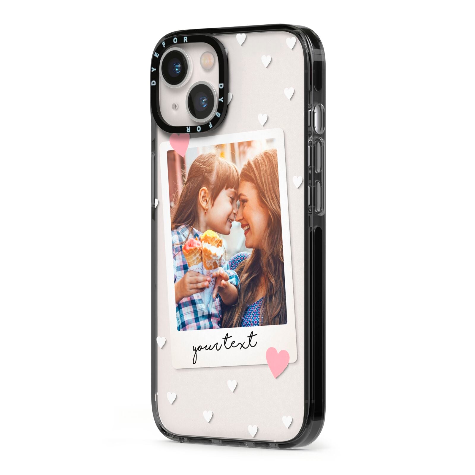 Personalised Photo Love Hearts iPhone 13 Black Impact Case Side Angle on Silver phone