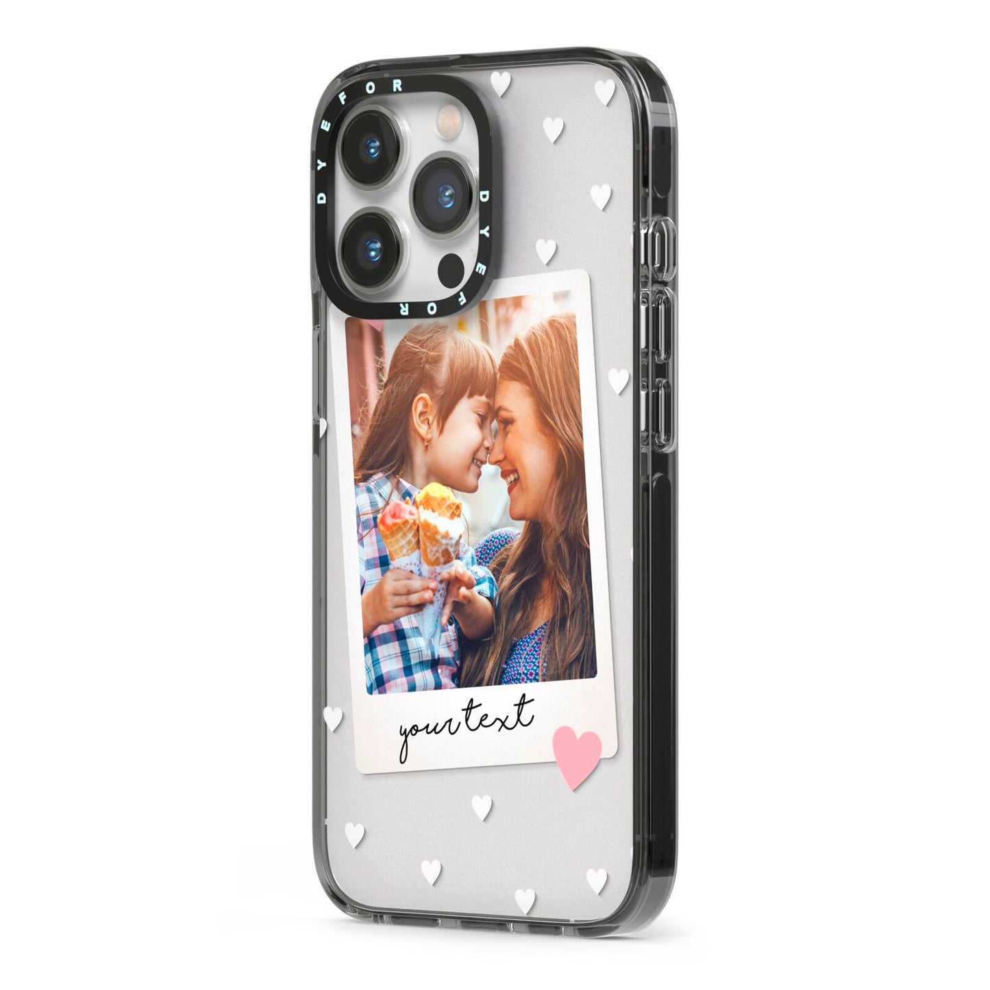 Personalised Photo Love Hearts iPhone 13 Pro Black Impact Case Side Angle on Silver phone