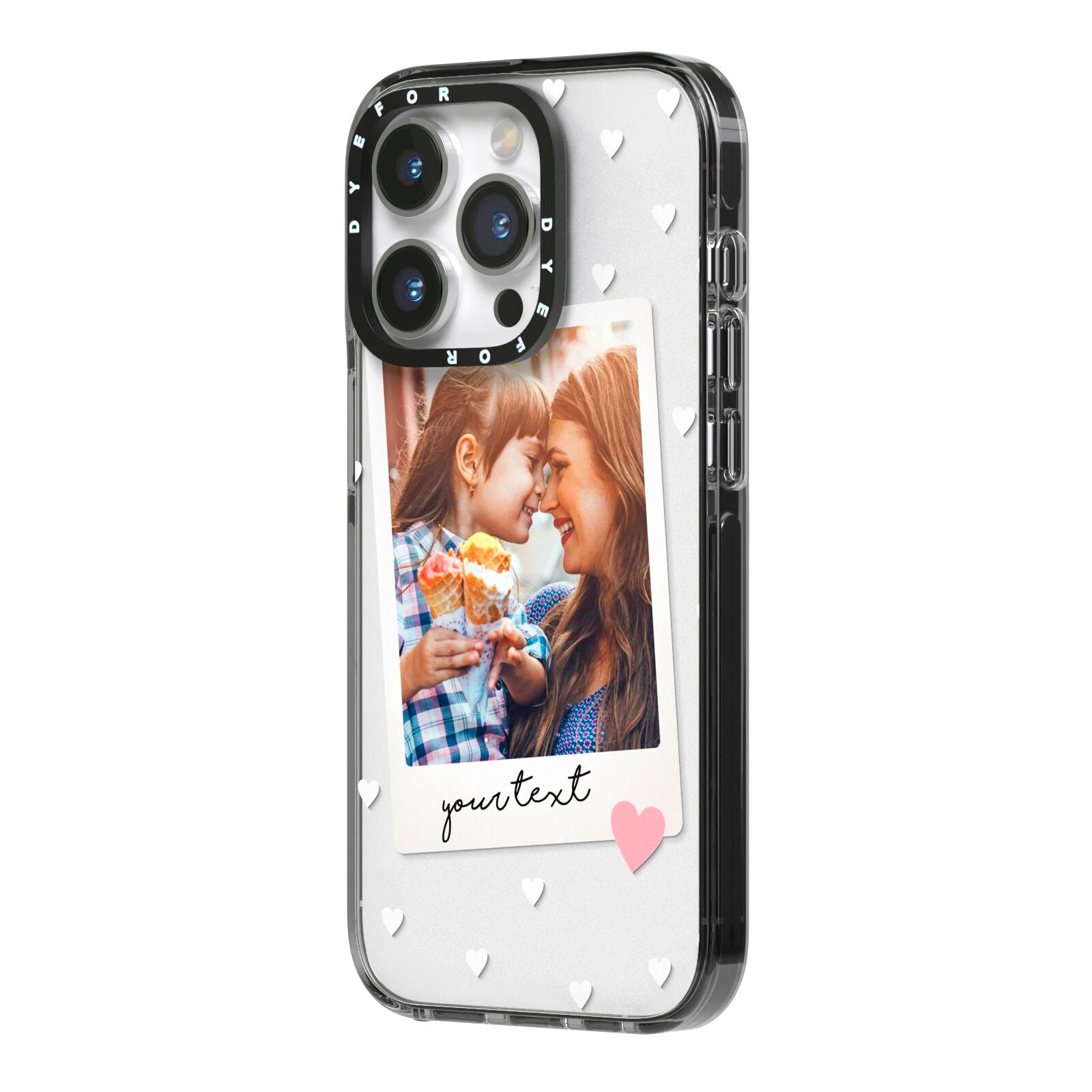 Personalised Photo Love Hearts iPhone 14 Pro Black Impact Case Side Angle on Silver phone
