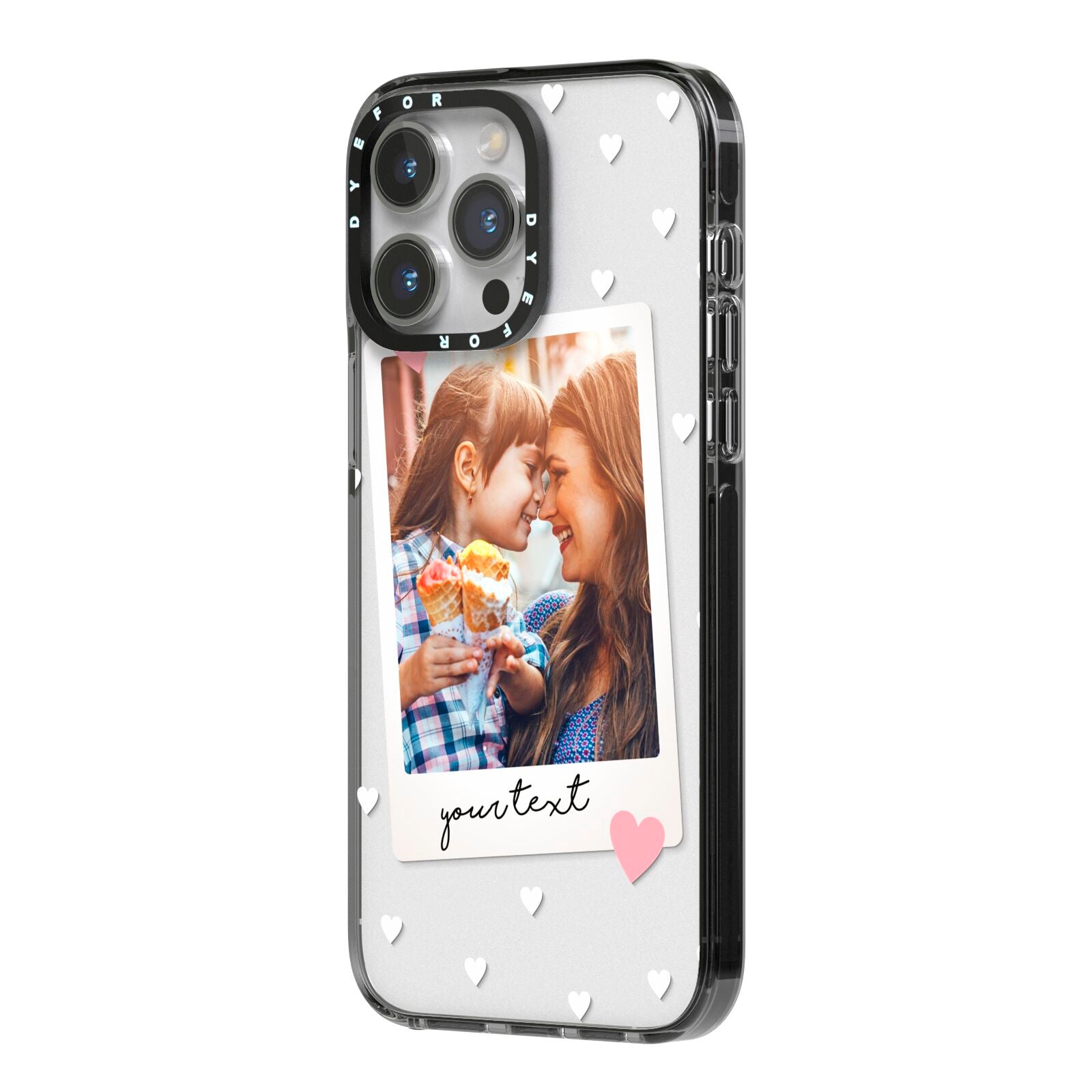 Personalised Photo Love Hearts iPhone 14 Pro Max Black Impact Case Side Angle on Silver phone