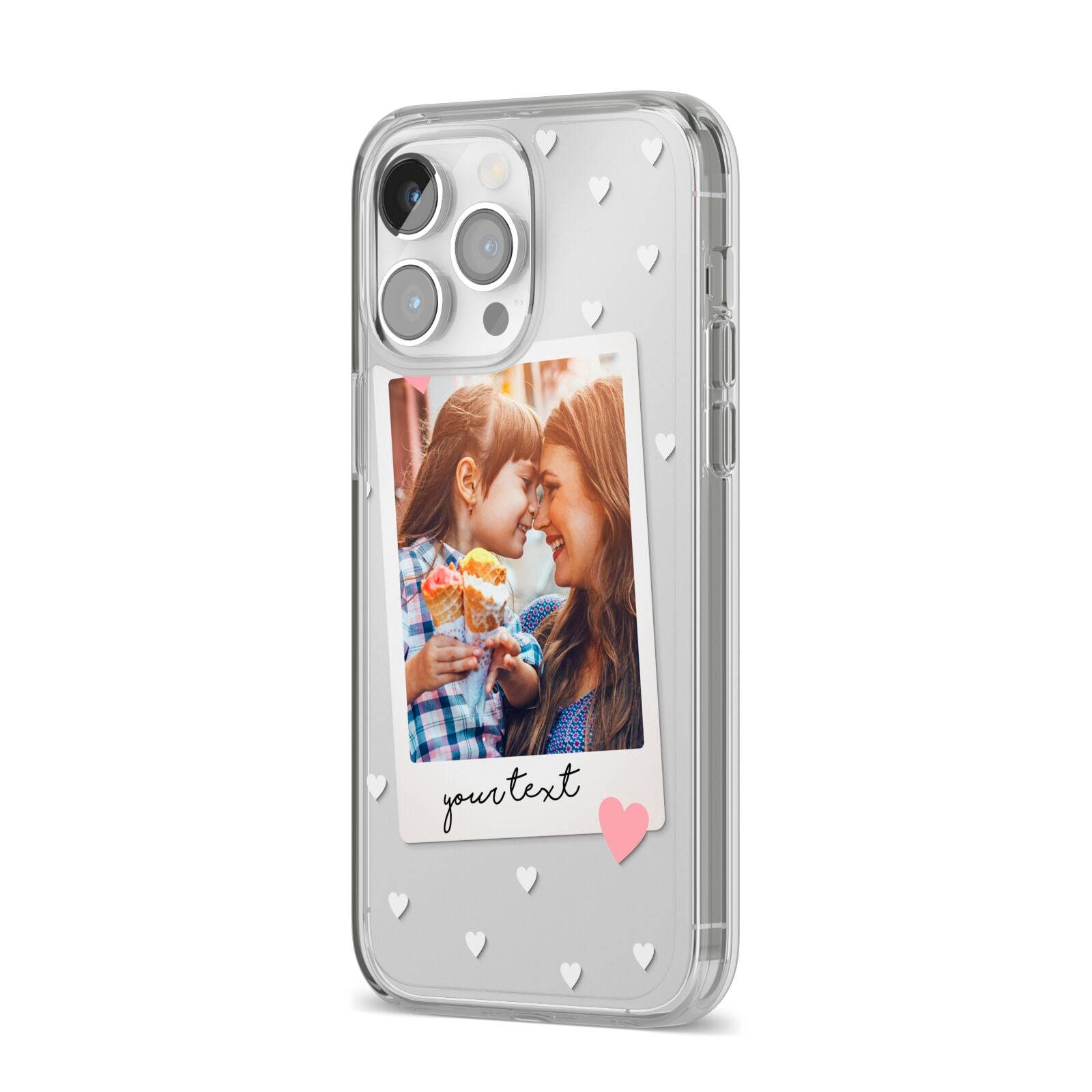 Personalised Photo Love Hearts iPhone 14 Pro Max Clear Tough Case Silver Angled Image