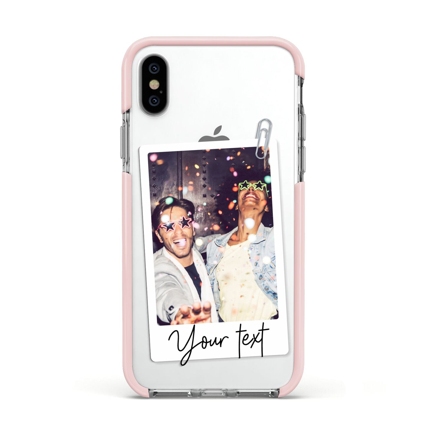 Personalised Photo with Text Apple iPhone Xs Impact Case Pink Edge on Silver Phone