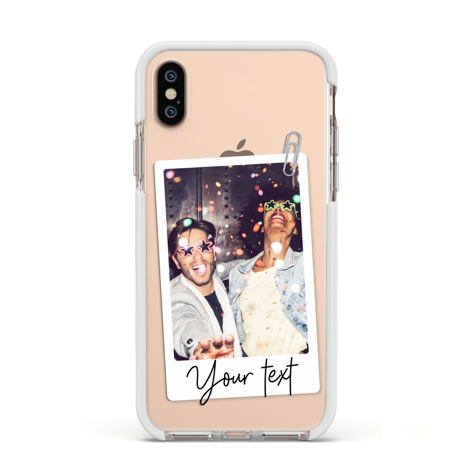 Personalised Photo with Text Apple iPhone Xs Impact Case White Edge on Gold Phone