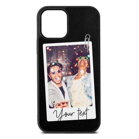 Personalised Photo with Text Black Saffiano Leather iPhone 12 Case