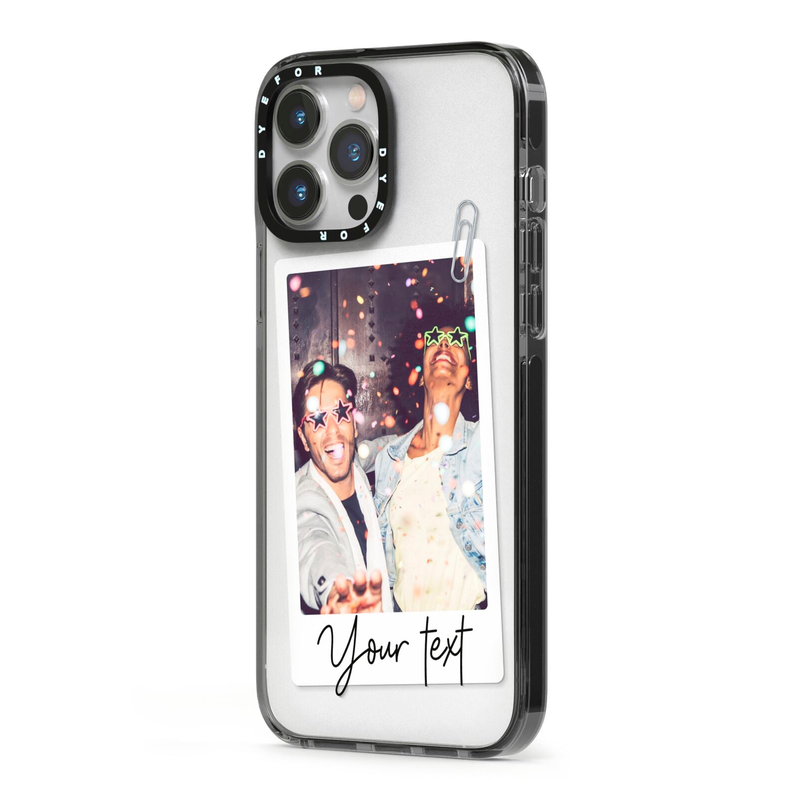 Personalised Photo with Text iPhone 13 Pro Max Black Impact Case Side Angle on Silver phone