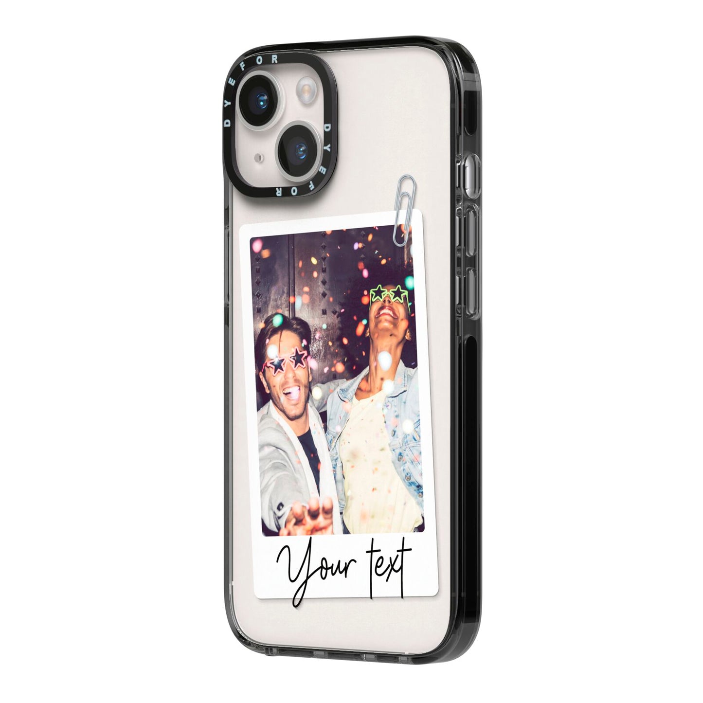 Personalised Photo with Text iPhone 14 Black Impact Case Side Angle on Silver phone