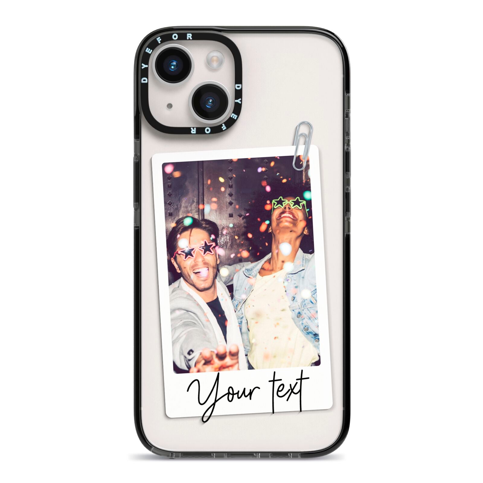 Personalised Photo with Text iPhone 14 Black Impact Case on Silver phone