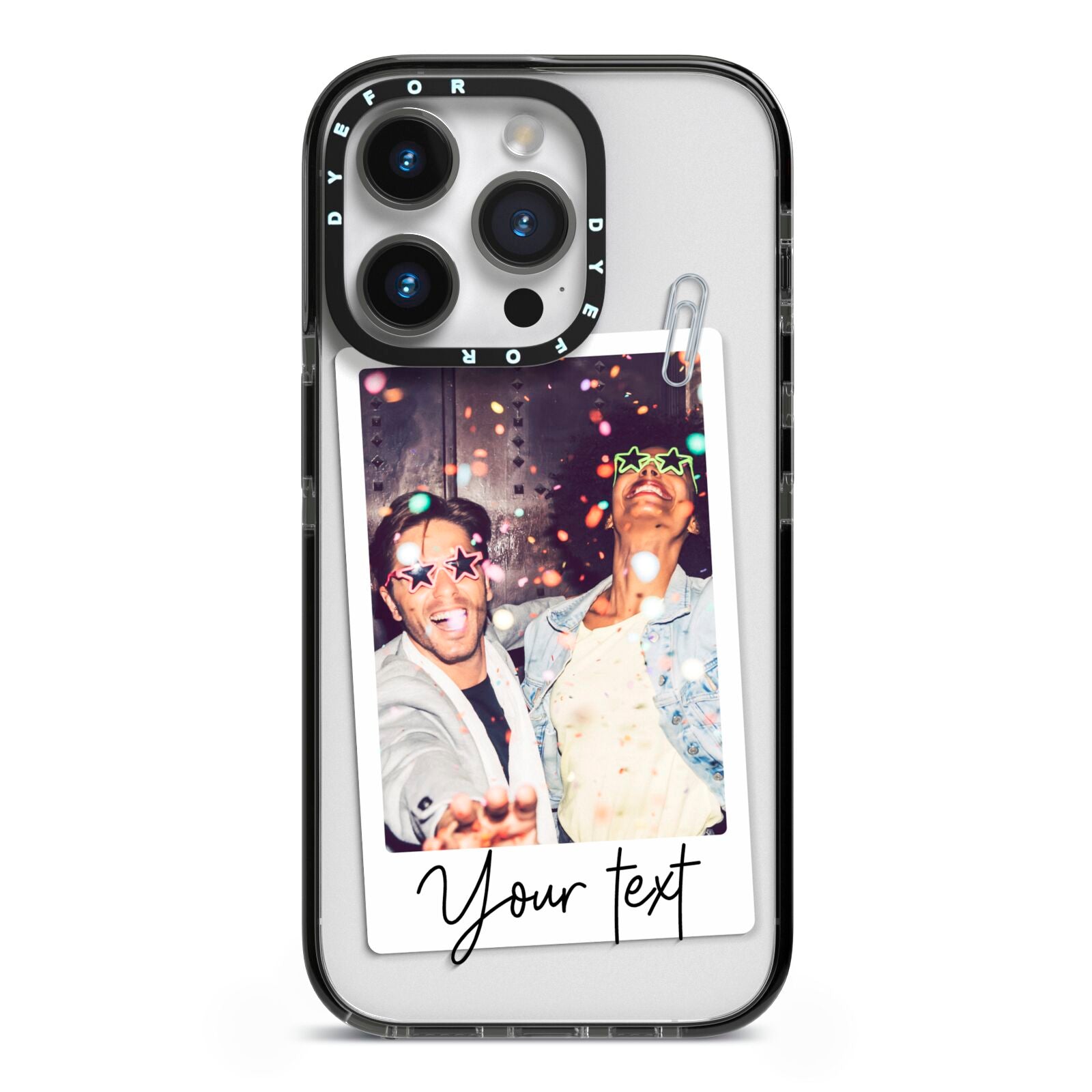 Personalised Photo with Text iPhone 14 Pro Black Impact Case on Silver phone