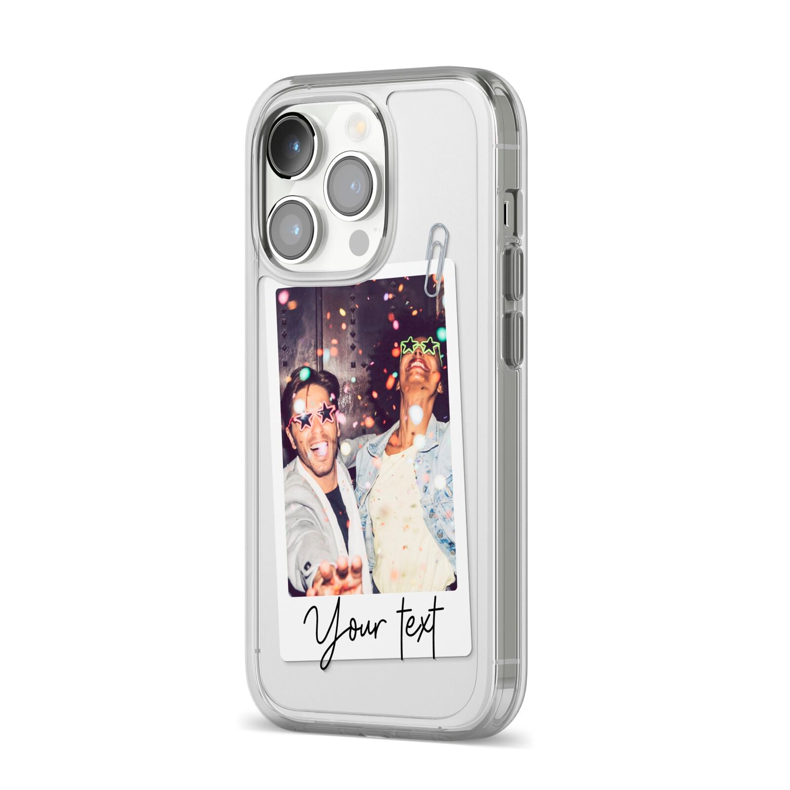 Personalised Photo with Text iPhone 14 Pro Clear Tough Case Silver Angled Image