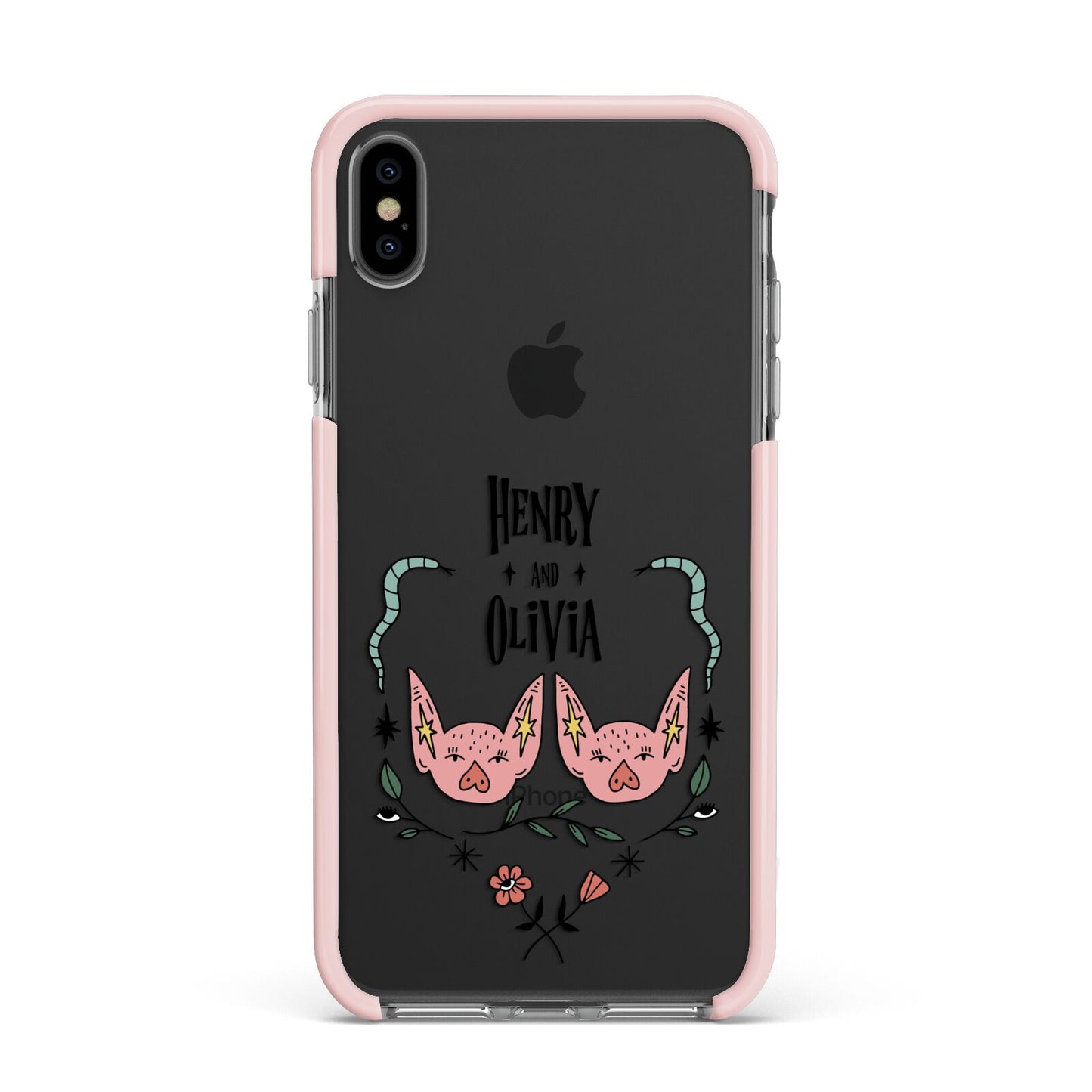 Personalised Piggies Apple iPhone Xs Max Impact Case Pink Edge on Black Phone