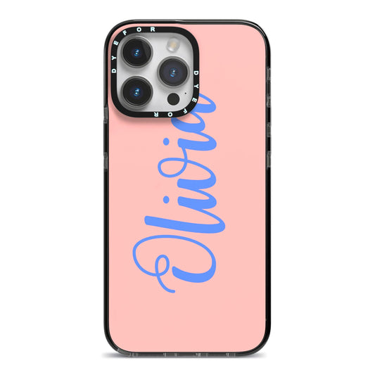 Personalised Pink Blue Name iPhone 14 Pro Max Black Impact Case on Silver phone