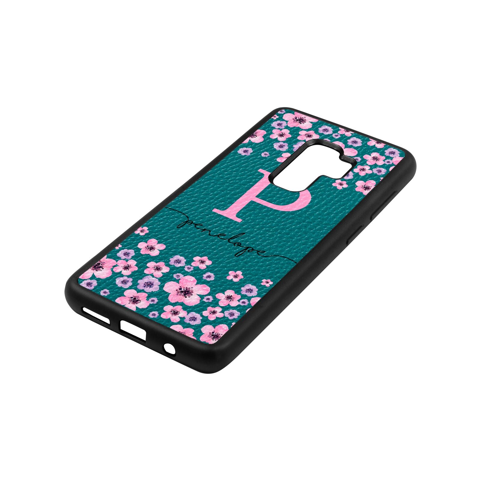 Personalised Pink Floral Green Pebble Leather Samsung S9 Plus Case Side Angle