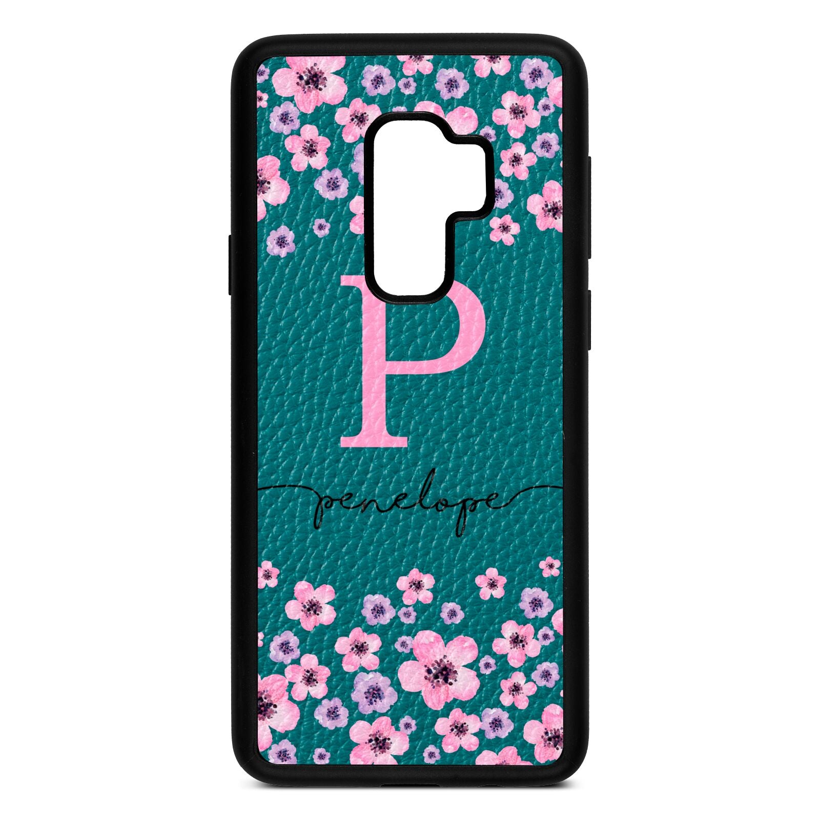 Personalised Pink Floral Green Pebble Leather Samsung S9 Plus Case