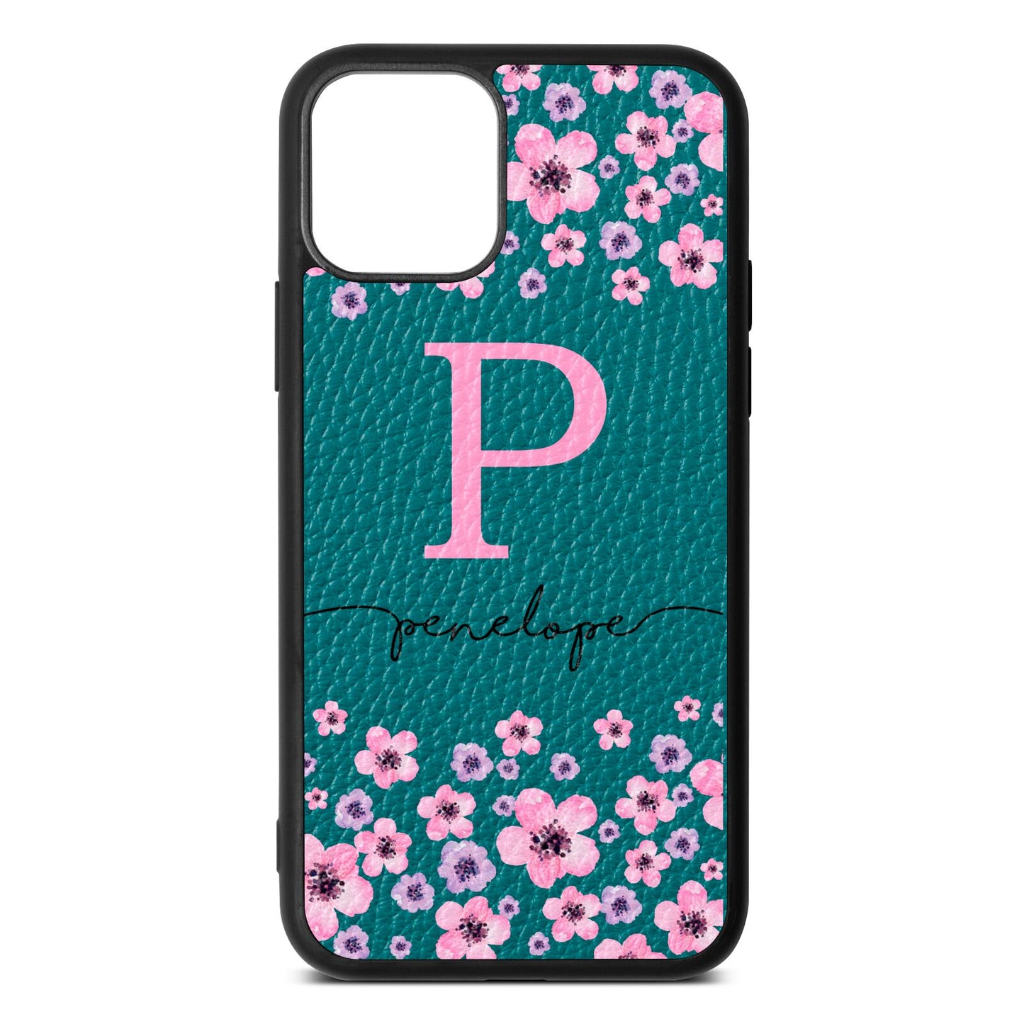 Personalised Pink Floral Green Pebble Leather iPhone 11 Case