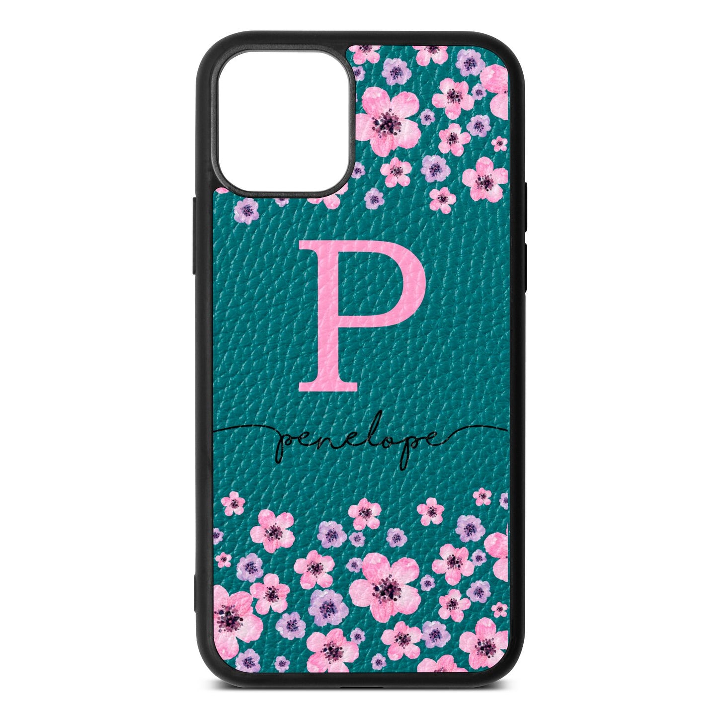 Personalised Pink Floral Green Pebble Leather iPhone 11 Pro Case