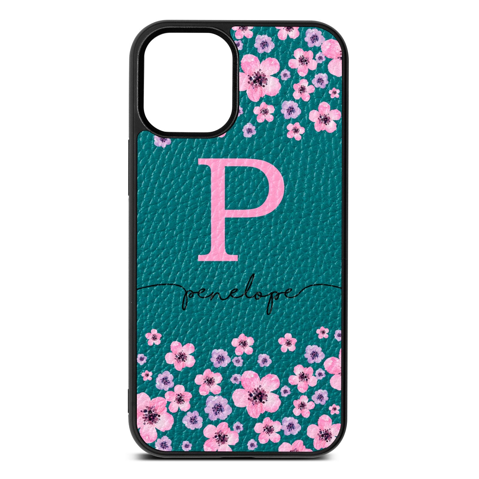 Personalised Pink Floral Green Pebble Leather iPhone 12 Mini Case