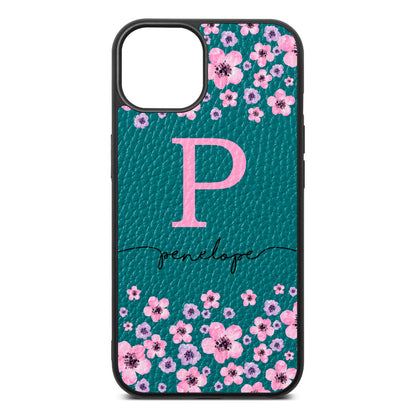 Personalised Pink Floral Green Pebble Leather iPhone 13 Case