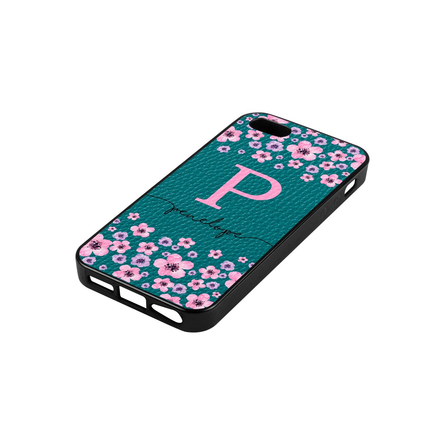 Personalised Pink Floral Green Pebble Leather iPhone 5 Case Side Angle