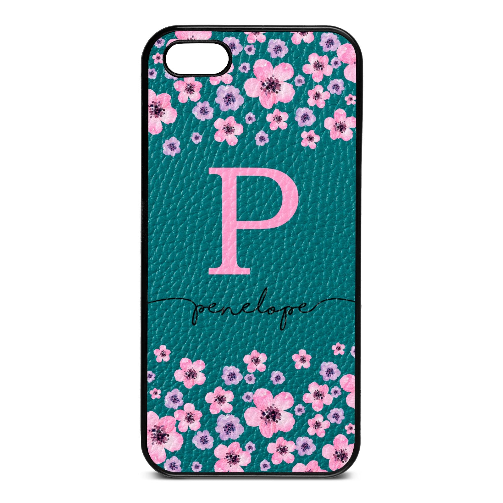 Personalised Pink Floral Green Pebble Leather iPhone 5 Case