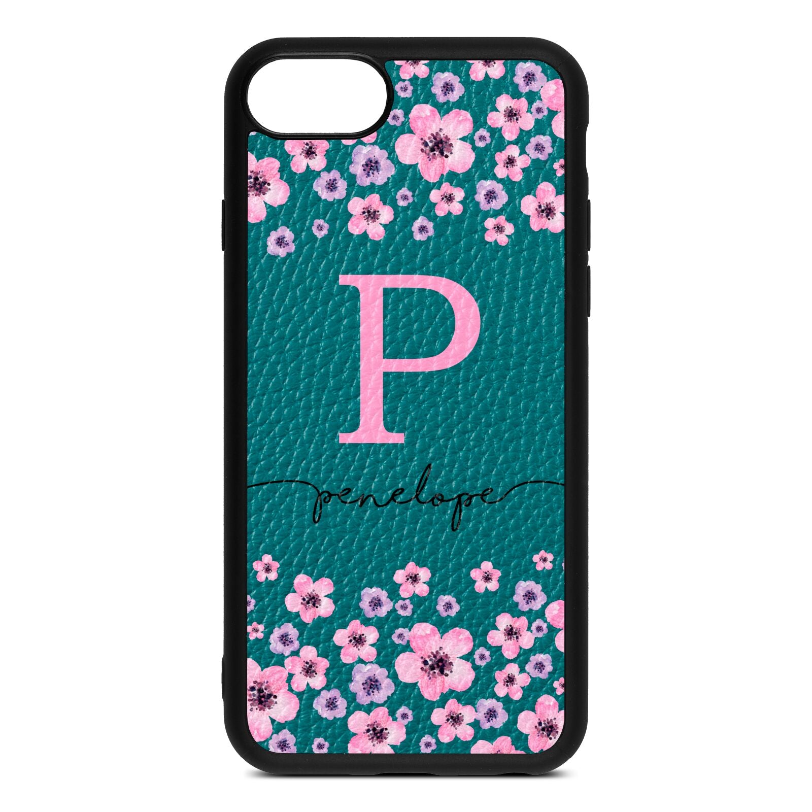 Personalised Pink Floral Green Pebble Leather iPhone 8 Case
