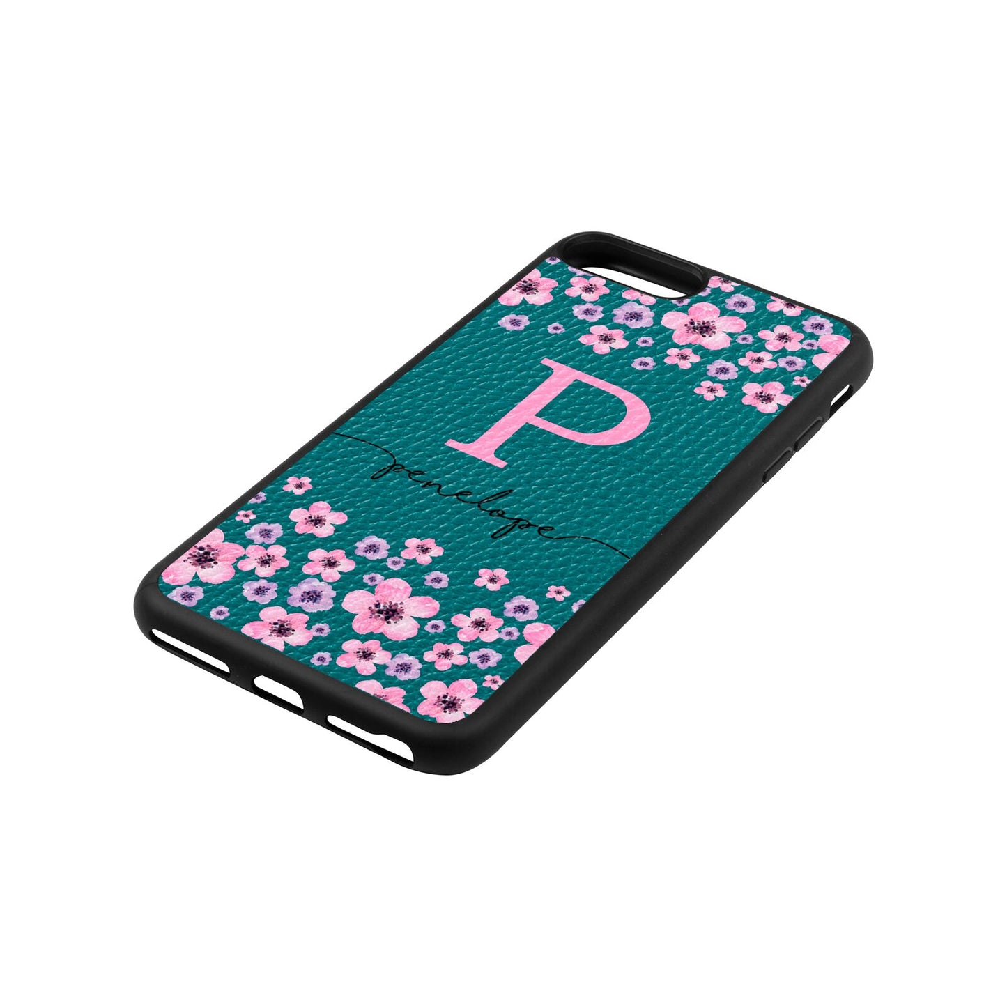 Personalised Pink Floral Green Pebble Leather iPhone 8 Plus Case Side Angle