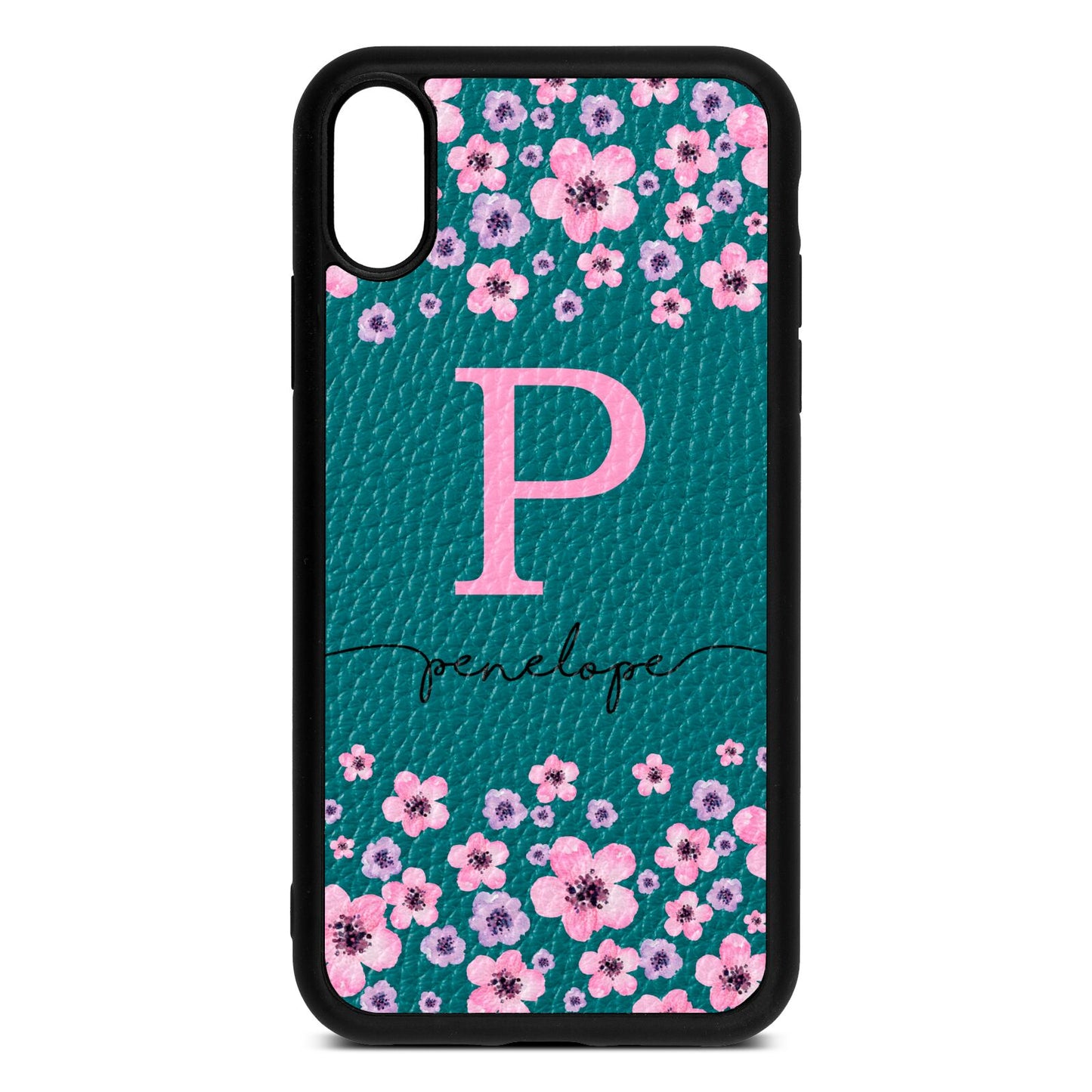 Personalised Pink Floral Green Pebble Leather iPhone Xr Case