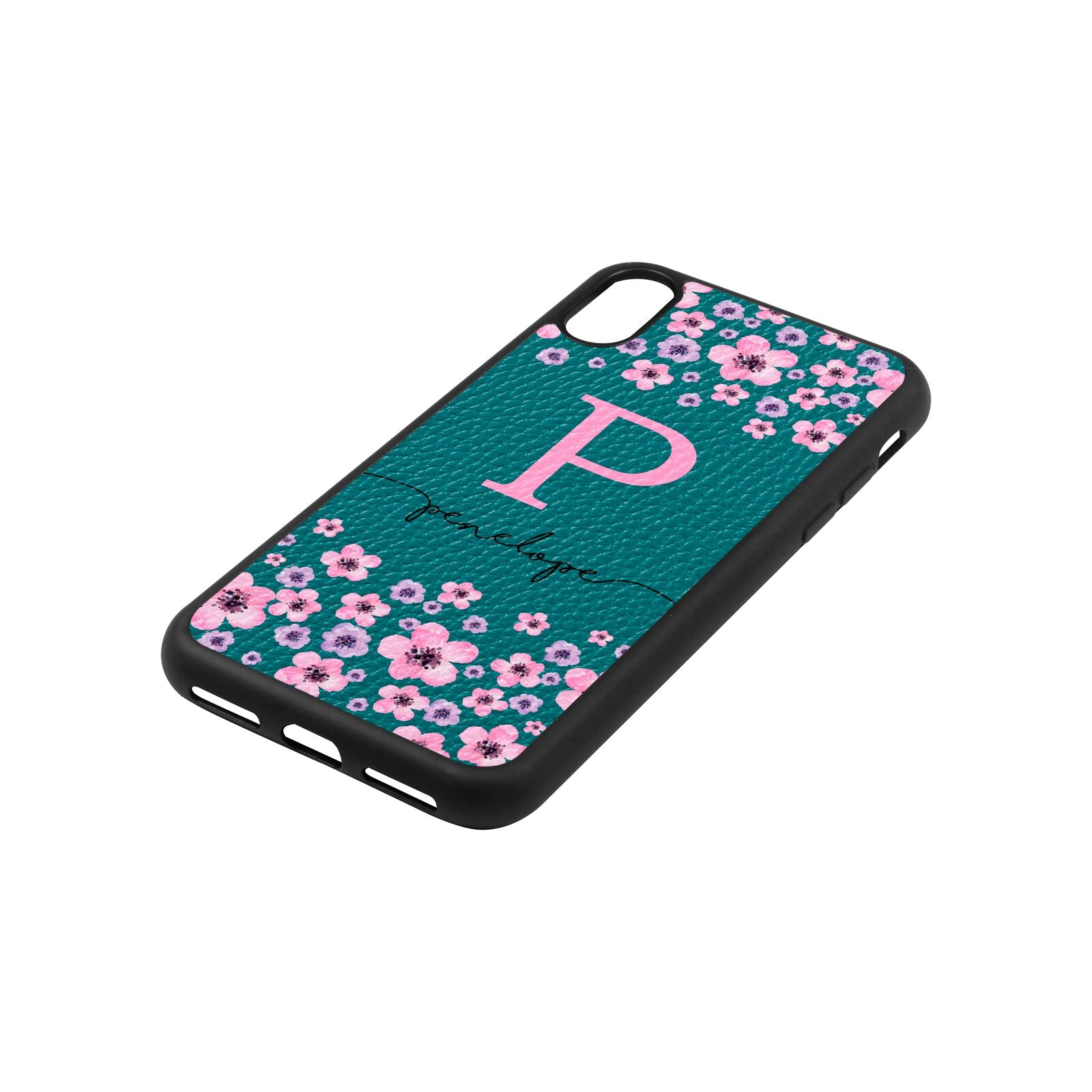 Personalised Pink Floral Green Pebble Leather iPhone Xs Case Side Angle
