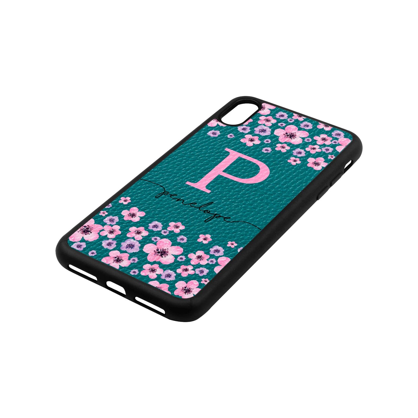 Personalised Pink Floral Green Pebble Leather iPhone Xs Max Case Side Angle
