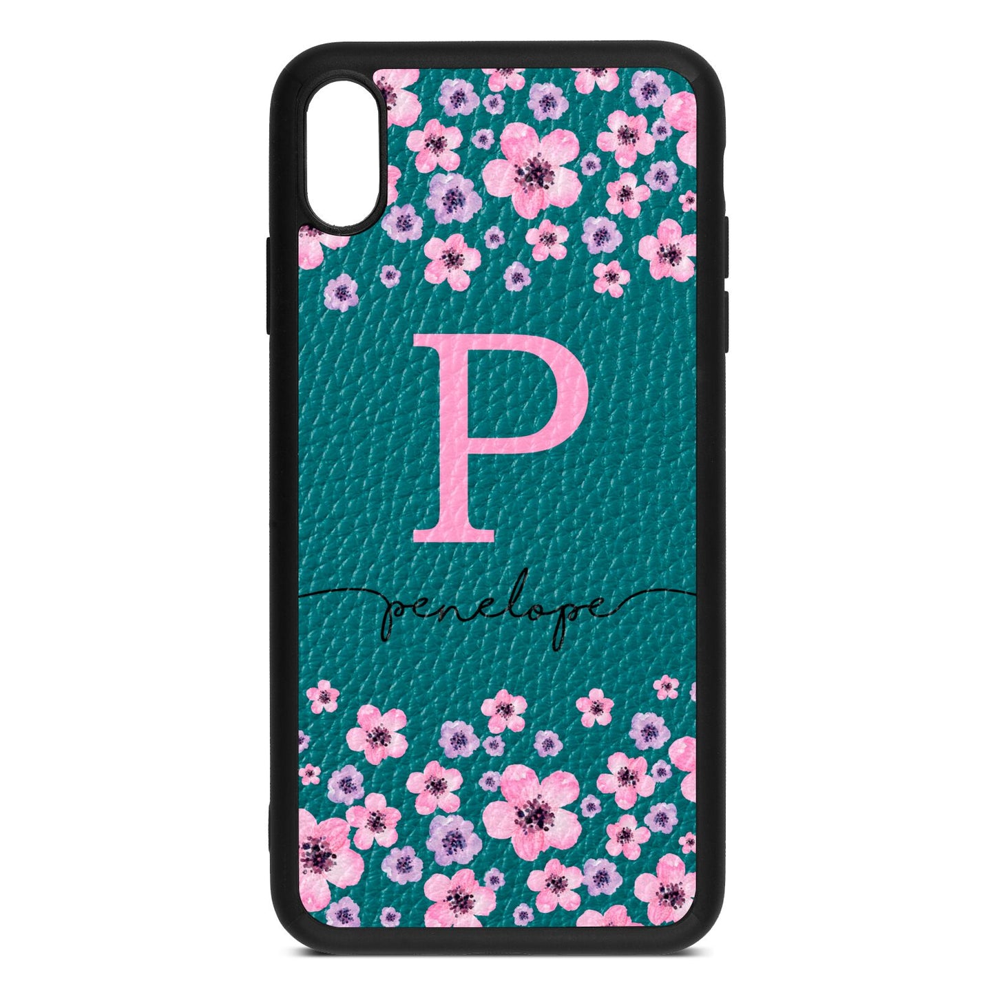 Personalised Pink Floral Green Pebble Leather iPhone Xs Max Case