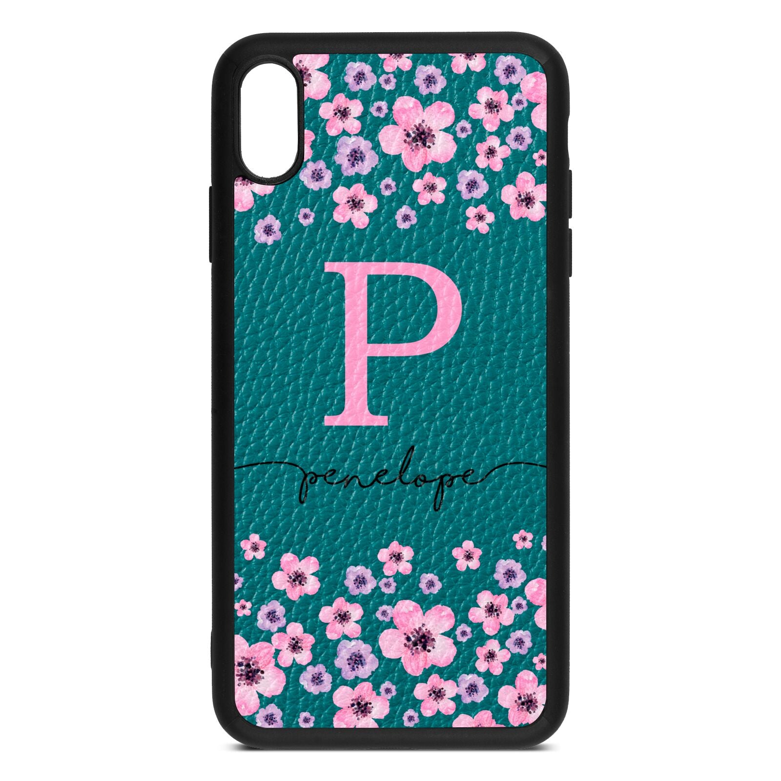Personalised Pink Floral Green Pebble Leather iPhone Xs Max Case