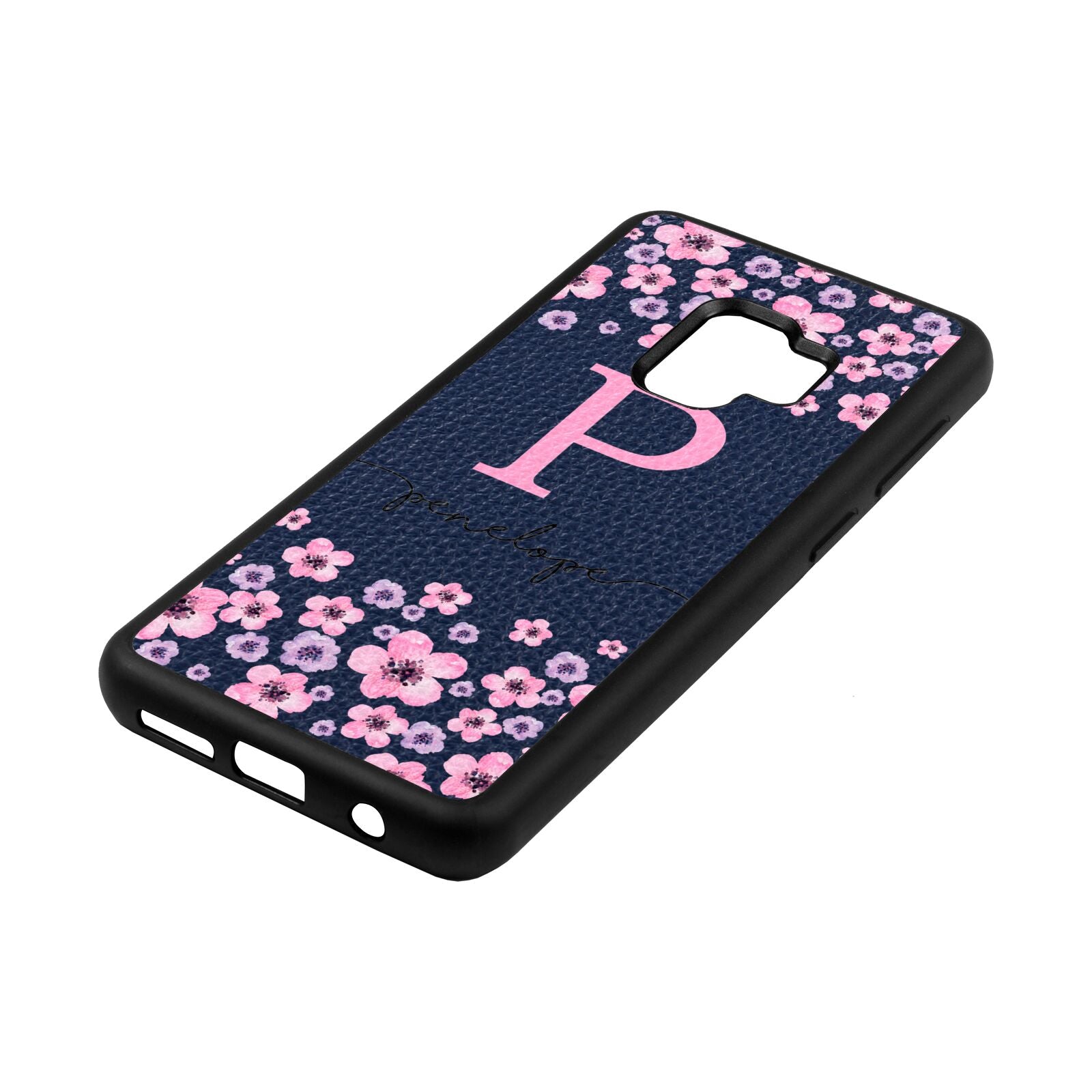 Personalised Pink Floral Navy Blue Pebble Leather Samsung S9 Case Side Angle