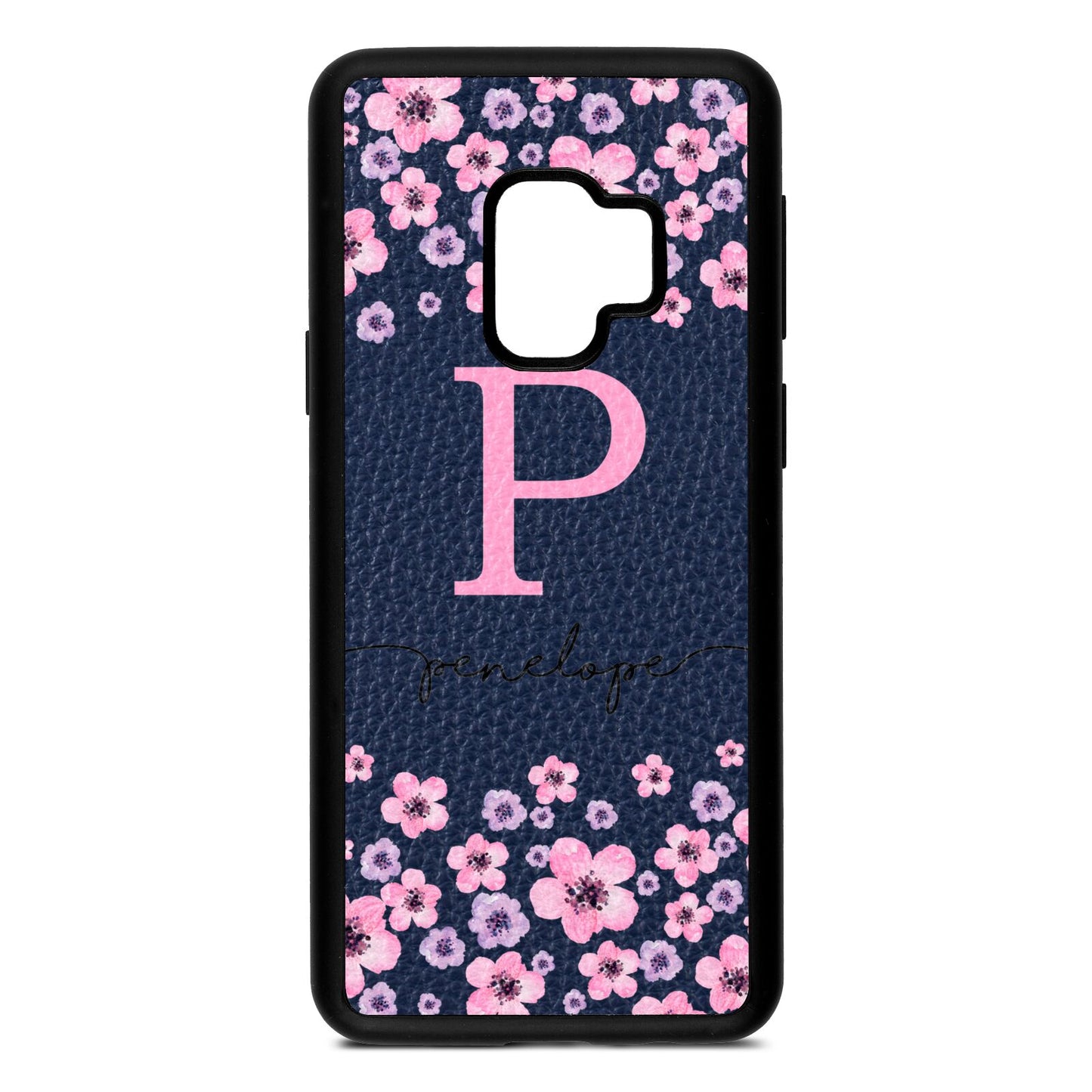 Personalised Pink Floral Navy Blue Pebble Leather Samsung S9 Case
