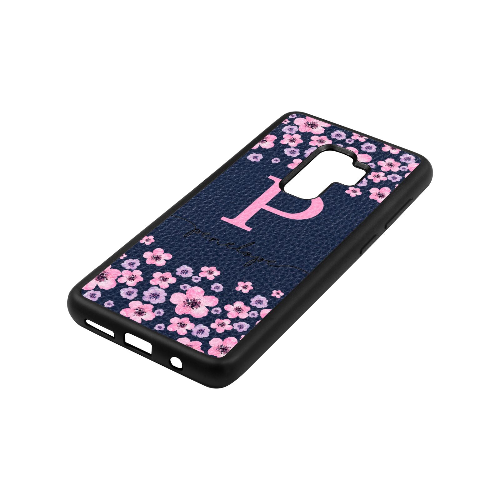 Personalised Pink Floral Navy Blue Pebble Leather Samsung S9 Plus Case Side Angle
